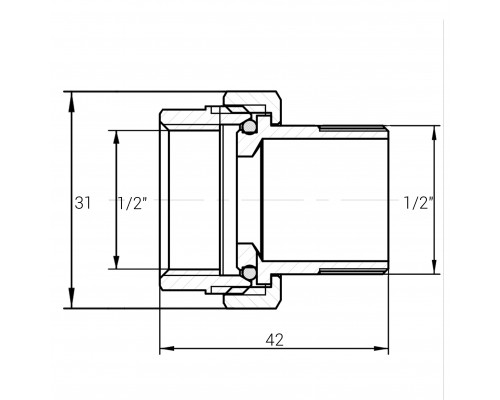 Згін американка пряма латунна 1/2″ВР х 1/2″ЗР штампована з резиновою прокладкою Б0809А VA - VA