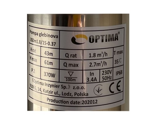 Насос скважинный с пов,уст, к песку 3″ OPTIMA 3SDm1,8/15 0,37 кВт 61м + пульт+кабель 1,5м NEW