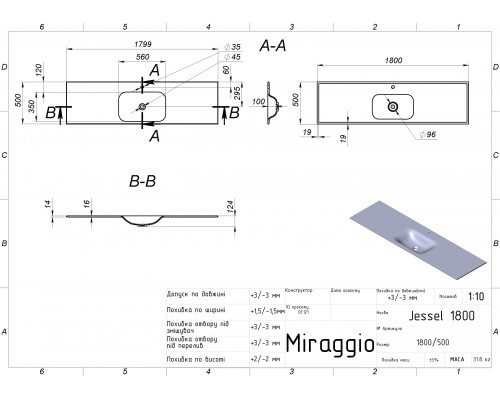 Умивальник JESSEL 1800 MATT - MIRAGGIO