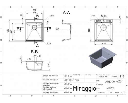 Кухонна мийка LAGOON 420 black shine - MIRAGGIO