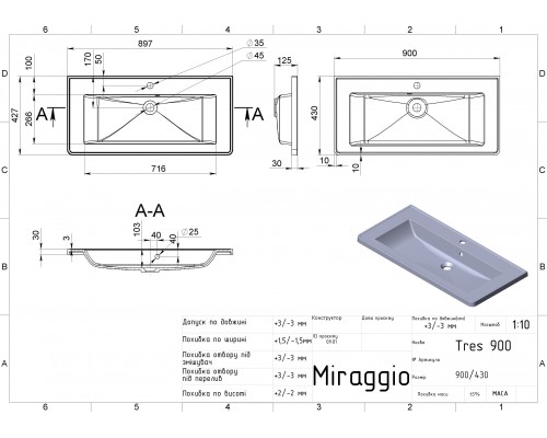 Умивальник TRES - MIRAGGIO